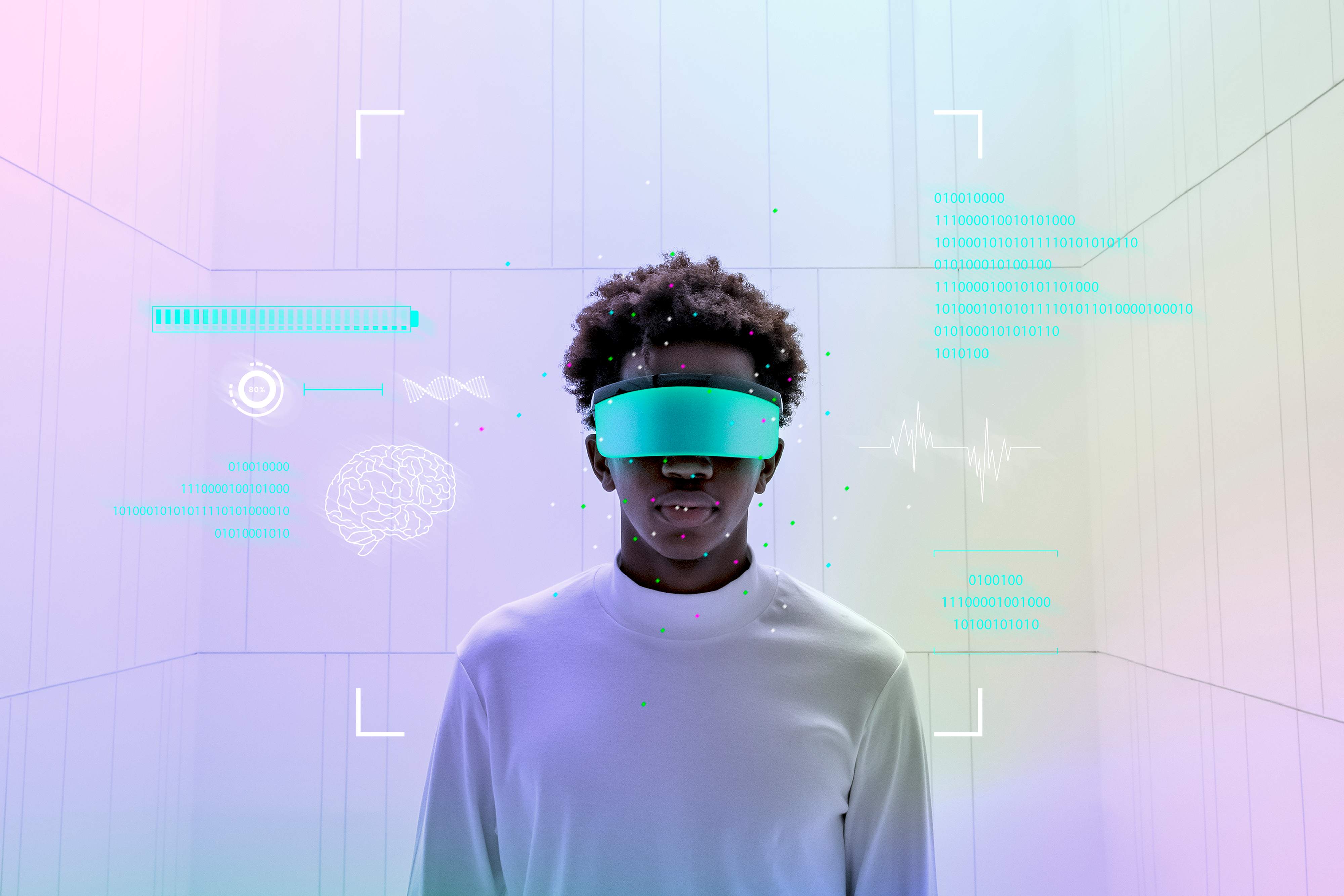 Man wearing smart glasses with futuristic technology interface